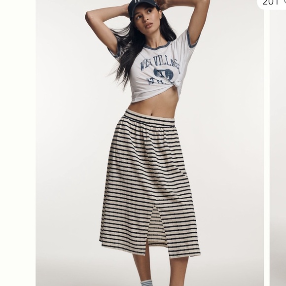 Nation Los Angeles Vida Midi Skirt in Cream and Black Stripe Small - Picture 1 of 15